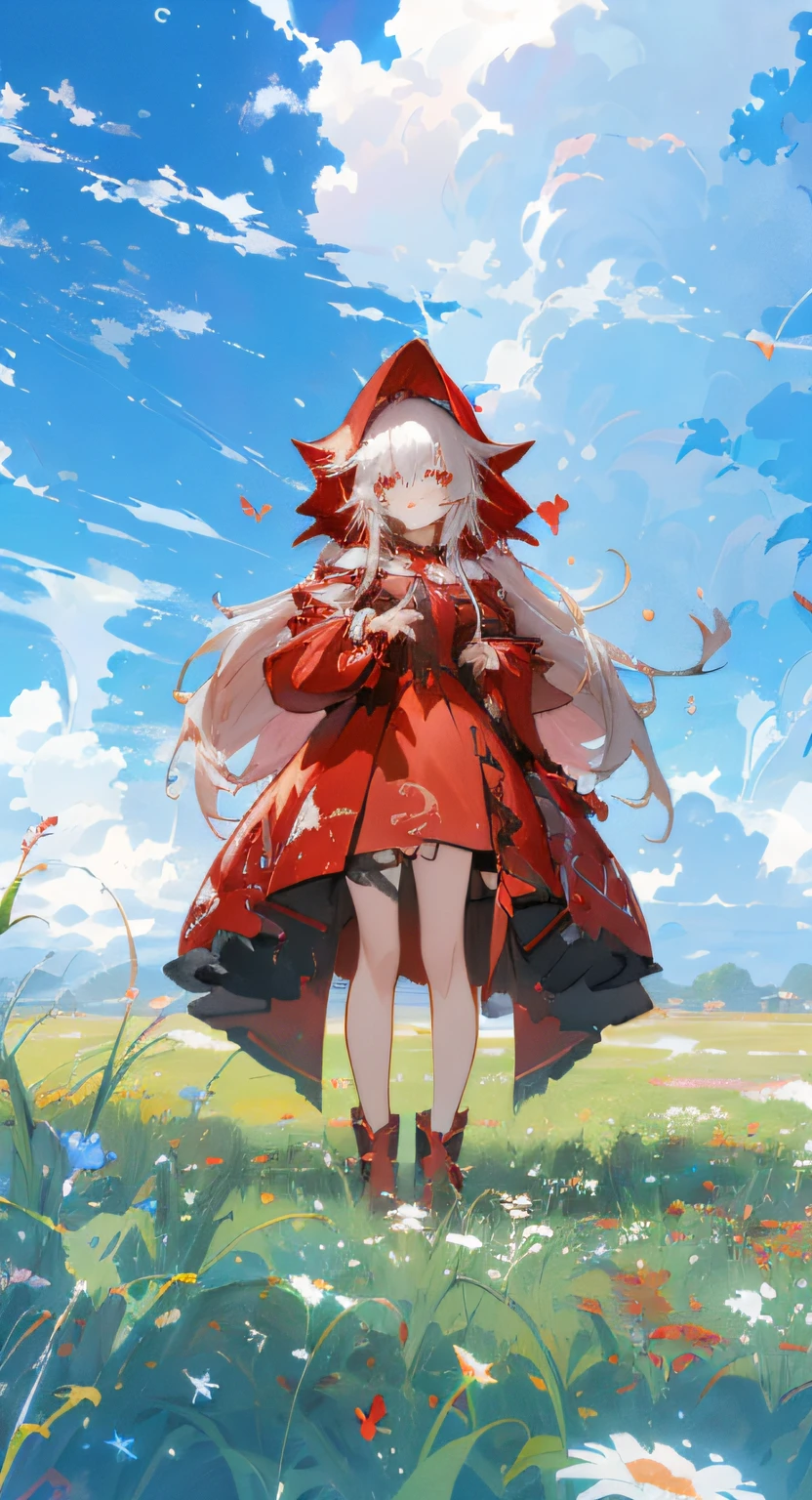 Anime girl in red dress standing in a field with flowers, Guweiz in Pixiv ArtStation, anime visual of a cute girl, Guweiz on ArtStation Pixiv, Splash art anime Loli, Guviz, dressed in a beautiful red cloak, trending on artstation pixiv, small curvaceous loli, Loli