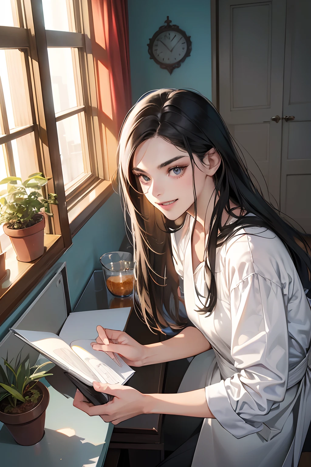 (masutepiece, Digital Art, Digital Illustration, 4K, 8K, Ultra-detailed, beautiful image, Sharp Image, Photorealistic, Raw photo, Perfect face, Perfect lines, Perfect eyes, Soft lighting) ,Furniture of the near future,livingroom,Designer Mansion,Functional and open kitchen,designer furniture,Kitchen Island,small plants,Crystal clear lighting,Open white walls,Bright interior,Mode fashion,Tables with a variety of dishes,Light Brown Light Floor Board,Scandinavian-style furniture,Show white teeth and smile(embarrassed from,Shy smile:1.1),rcasual,White tile floor,Ocean view window,Open, Wall-to-wall windows,A room in a hotel,Window sill with silver sash,1 woman, (Long Black Hair,straight haired,Bullish gaze,Beautie,ellegance,Mode system,Onepiece,Solid makeup,23 y-o woman,small tits:1.3),Two handsome men in suits, (ember,Men in suits,well-muscled,Firm shoulder width,Adult male,Boyish hairstyle,English gentlemanly style,Man in his 30s with a cool expression,28-year-old man with bright smile:1.2),