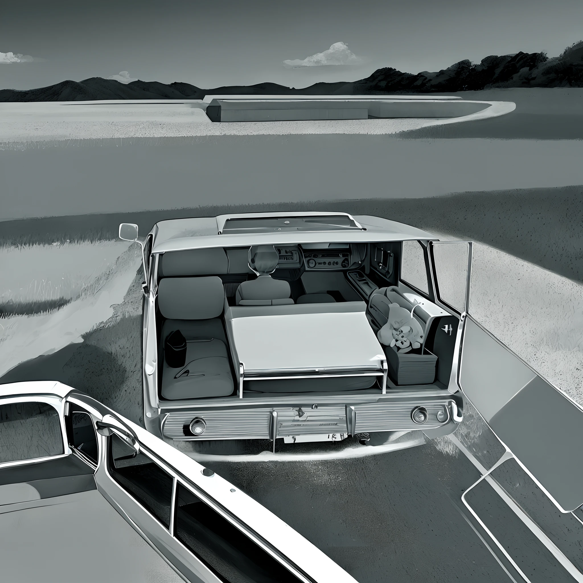 A early 60s drive in, with a monochromatic cartoon theme
