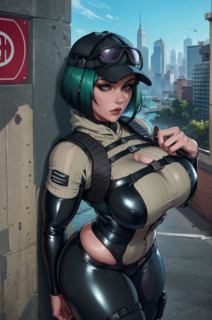 beautifulgorgeous, black latex suit,  (curvy), beautiful cityscape, milf, masterpiece, best quality, extreme detail, 8k, image sharpness, ela_(rainbow_six_siege), masterpiece, best quality, 1girl, solo, green hair, realistic, short hair,(insanely detailed, beautiful detailed face, beautiful detailed eyes, masterpiece, best quality)