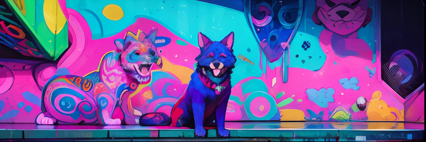 Psychedelic graffiti, garish, dogs, fetuses, and brightly colored landscapes