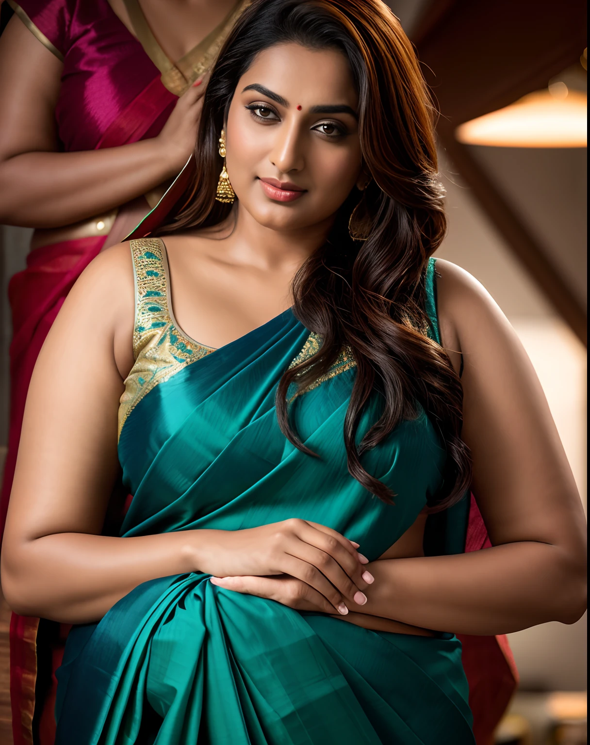 Foto RAW, photorealistic, photography, full body shot, master shot, goddess like beauty, perfect thick chubby mallu Desi aunty bhabhi, Wearing a Stanapatta, a chest-band.Saree model, model Photography, Indian saree shoot, Indian traditional wear advertising photography, traditional wear brand shoot, face of Indian actress Sonakshi Sinha, masterpiece, realistic, realism, incredible details, sensual pleasure, photorealism, detailed skin, skin pores, high contrast, photorealistic Artstation 8k HD digital art trend of high definition and detailed realistic skin texture, ultra detail, realistic skin texture, armature, best quality, ultra high definition, (photorealistic:1.4),, high resolution, detail, raw photo, Re sharp, by Lee Jefferies Nikon D850 Film Stock Photo 4 Kodak Portra 400 Camera F1.6 Lens Rich Color Ultra Real Realistic Realistic Textures Dramatic Lighting Unreal Engine Trending at Art Station Cinestill 800,(pele altamente detalhada: 1.2), 8k UHD, DSLR, soft-lighting, alta qualidade, grain of film, Fujifilm XT3,she didn't like to wear blouse or bra, she is happy to wear only saree, she hates blouse or bra,