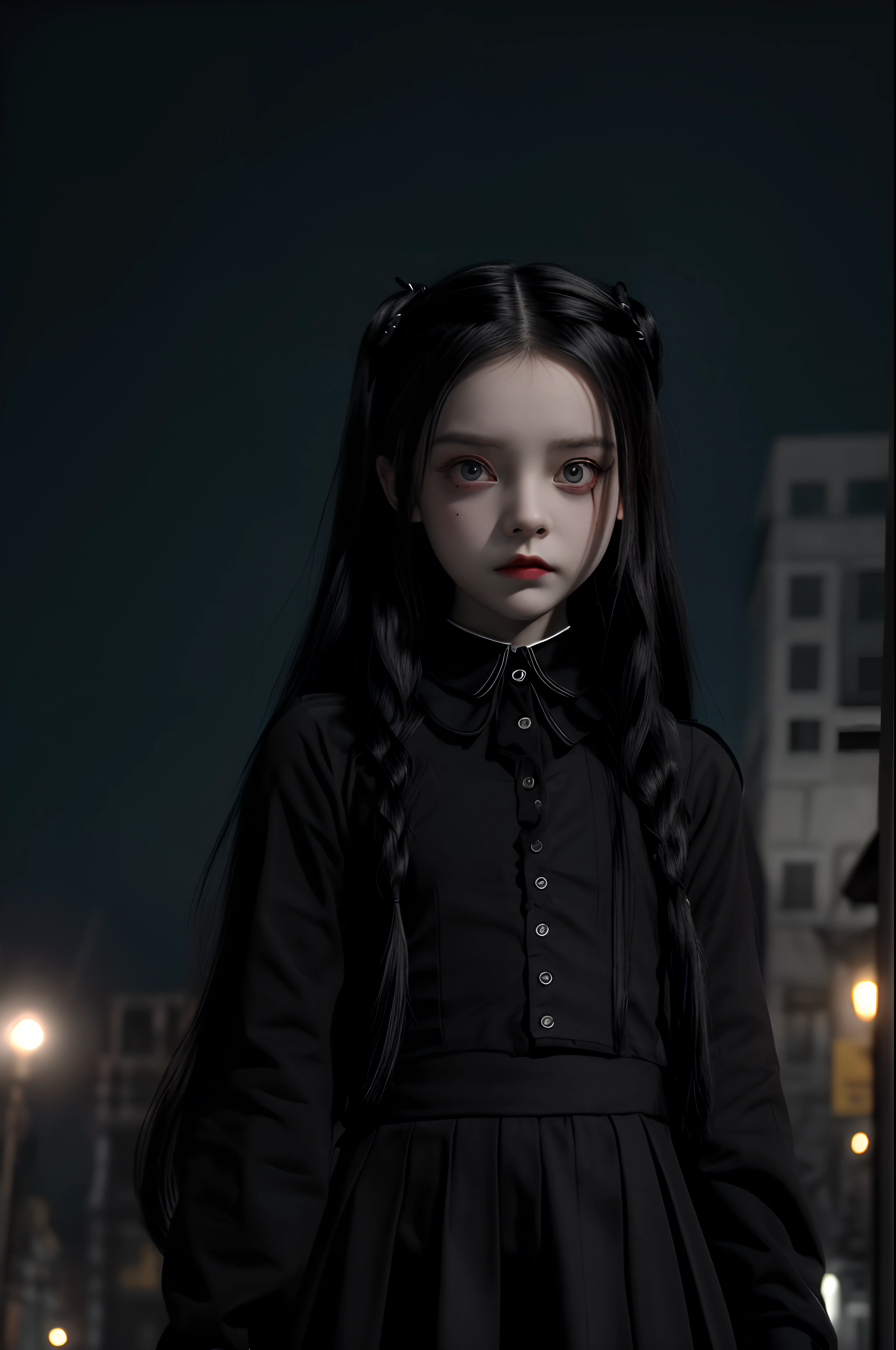 wednesday addams, estilo apocaliptico, zumbie, cidade destruida de fundo