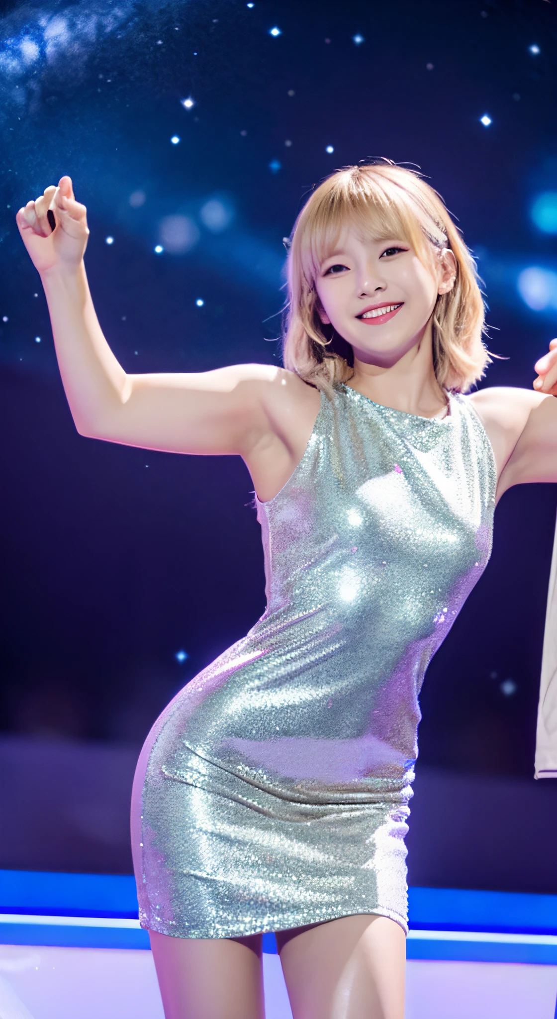 (Best Quality, masutepiece), 1girl in, Pretty Woman Pose, Particle, Wind,  full body Esbian, Simple background, gaze at the audience, Blonde Beauty, Milky way, Aesthetic,fullbody image,Smiling on stage,Cheerful and impressive,fullbody image,Satin Silver Body Conscious Dress