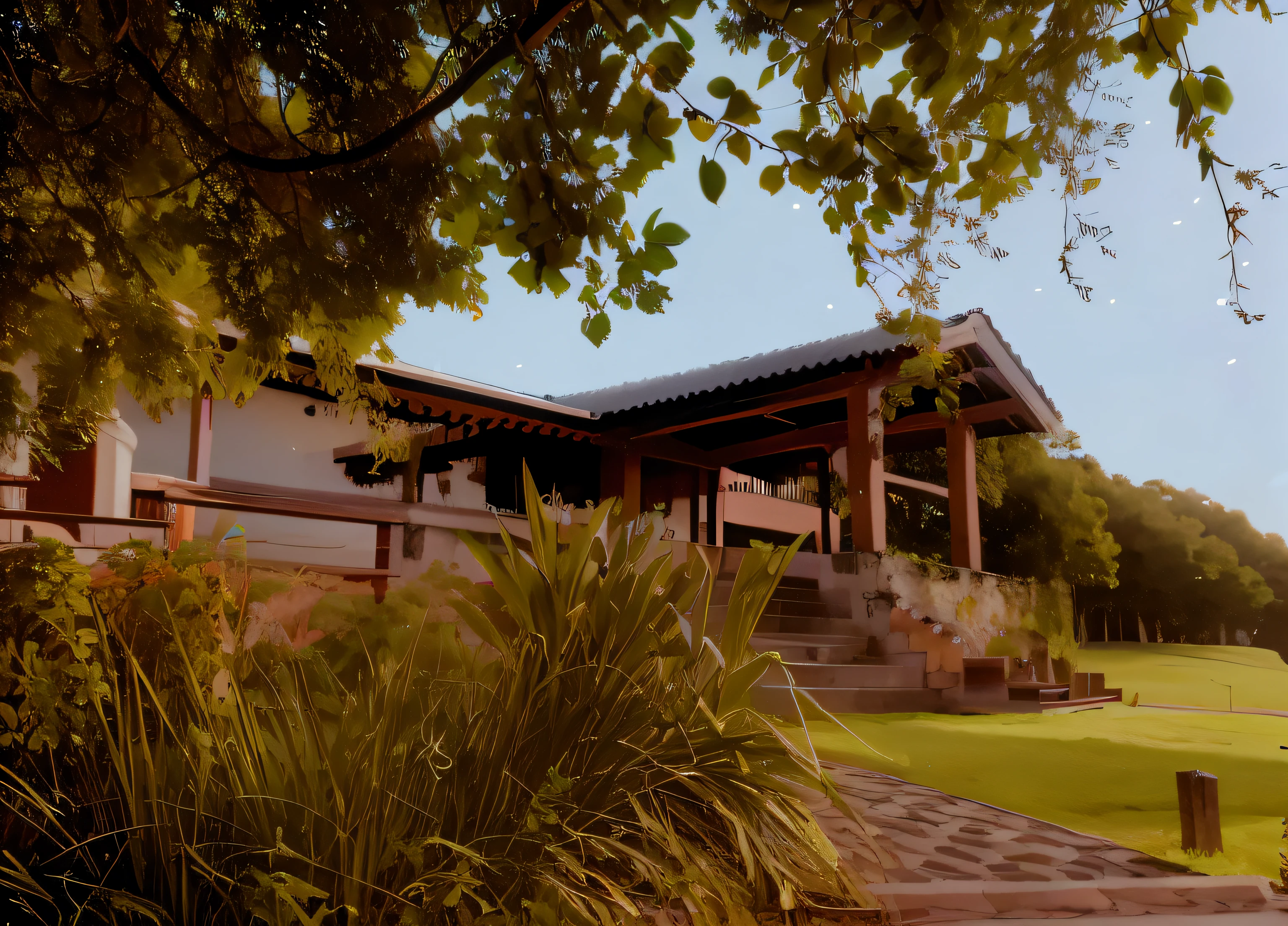 there is a painting of a building with a tree in the background, roof with vegetation, centro da imagem, inspirado em Konstantin Somov, Fanart, em um dia ensolarado, vignette illustration, floresta coberta, centro da imagem, Directed by: Jane Hawkins, An illustraion, casa de campo close up, heavens, summer afternoon, 3/4 vista de baixo, illustration