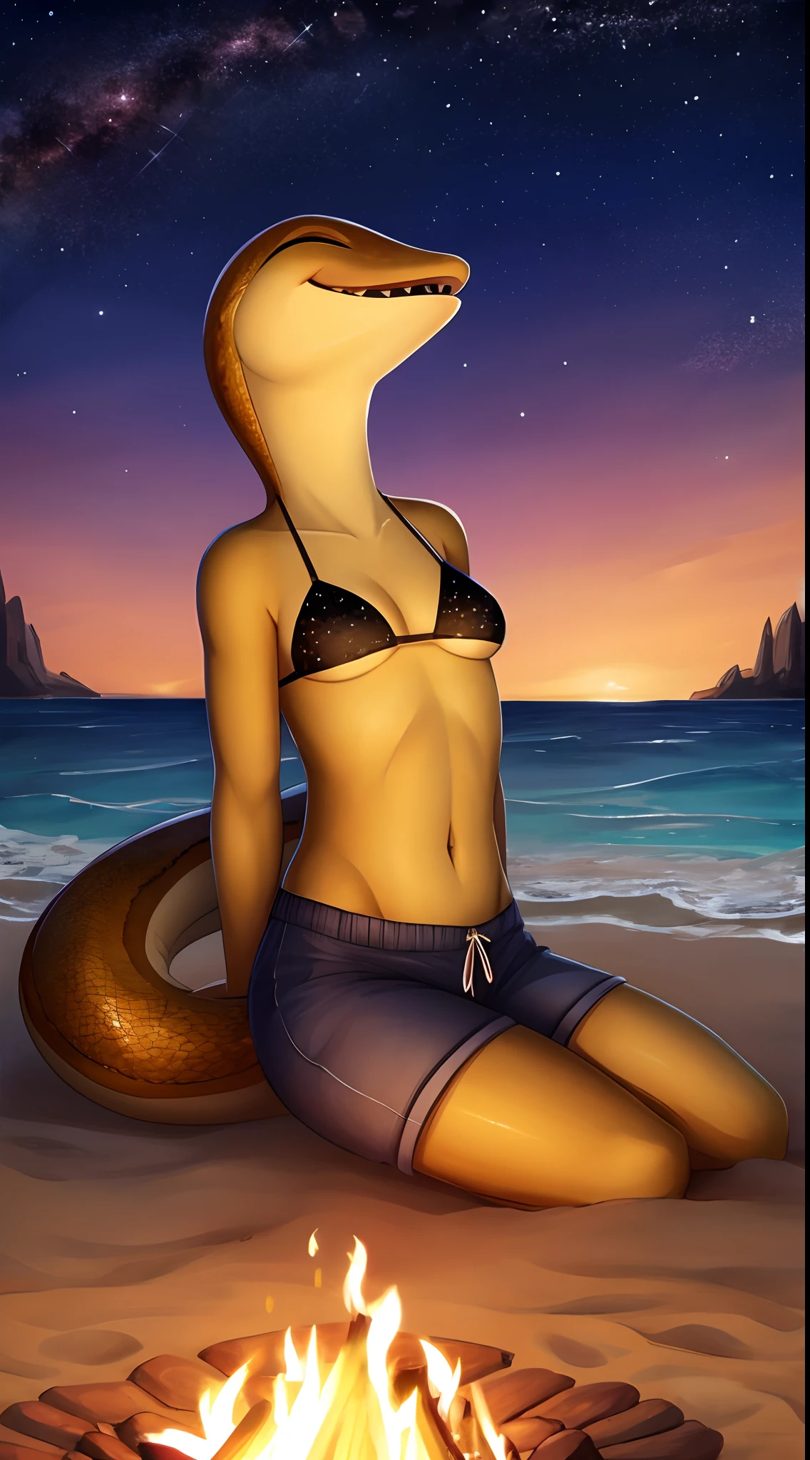 moray eel ,1girl,best quality,masterpiece, beach,black bikini, yellow skin with brown spots, bzeh art style, beautiful details, beautiful textures, beach, dusk, stars in the sky, looking at the stars, sitting by a campfire, smile,shorts, relaxed, starry sky,starry eyed,moray eel, fish, eel, laughing,closed eyes, laughter, sharp teeth,open mouth,