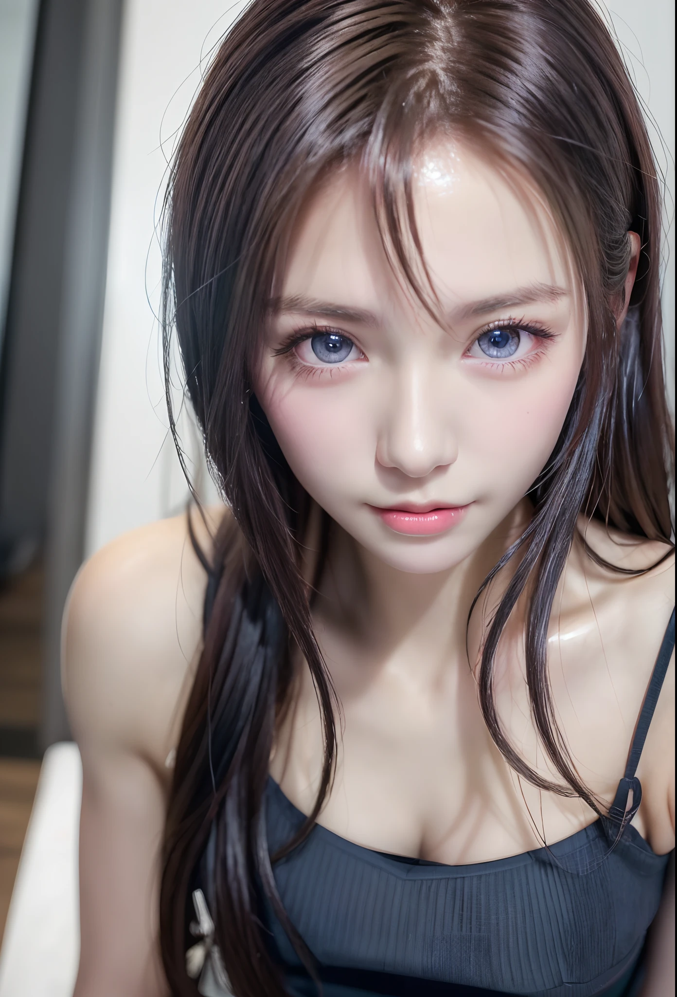 Beautiful handsome woman, ((top quality, 8k, masterpiece:1.retty woman, 1 woman, huge breasts:1.3, slender figure:1.1, long wavy red hair, (shower, wet body, wet clothes:1.1), very detailed face, detailed lips, detailed eyes, double eyelids, extremely detailed blue eyes