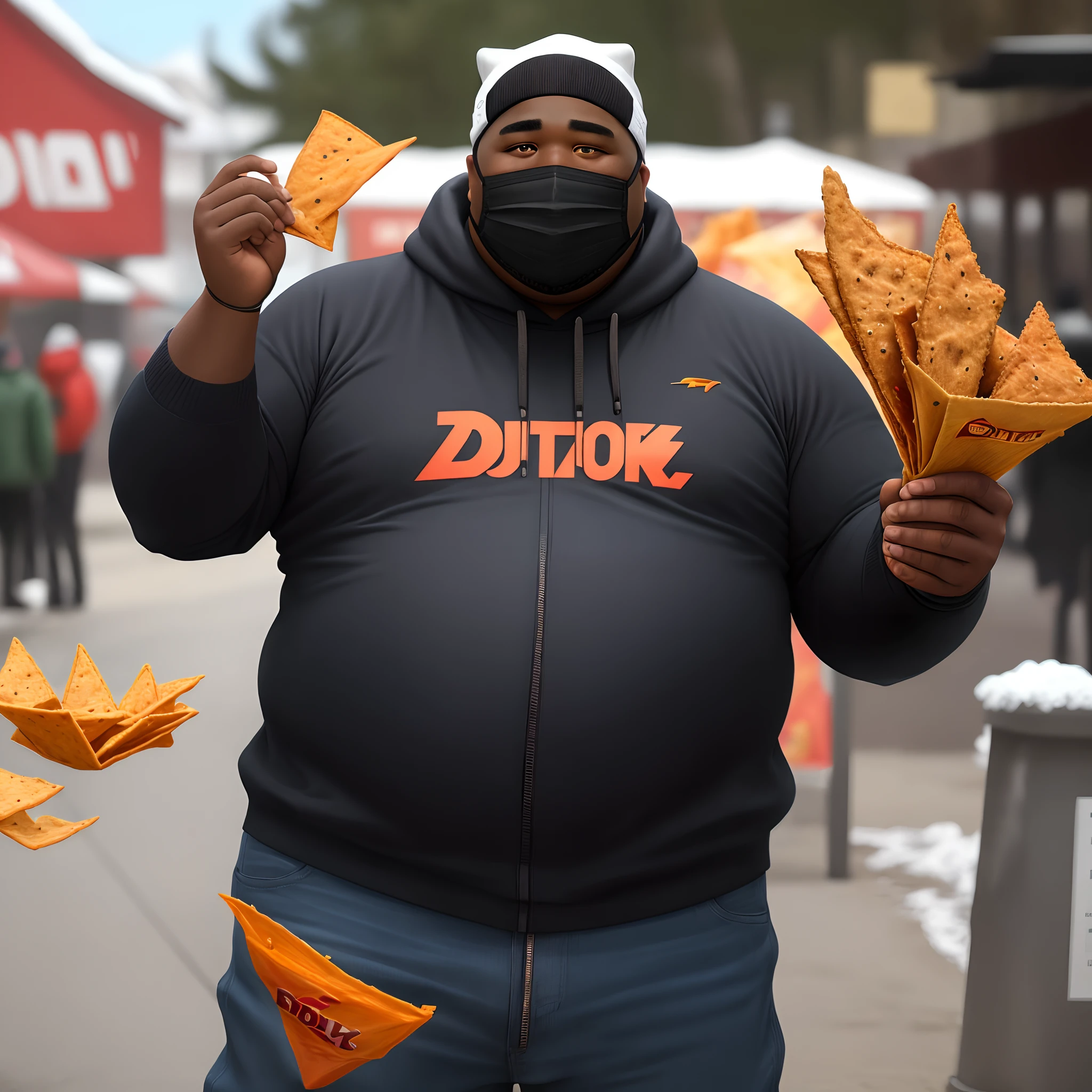 Fat black guy with Doritos and a ski mask on