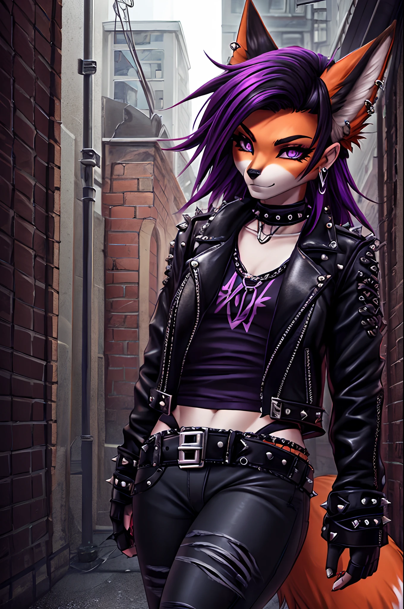 (ultra-realistic,highres,8k,best quality:1.2),vivid colors,beautiful detailed eyes,long eyelashes,fox girl,((fox snout,fox ears,orange fur,punk hair,goth style)),dark makeup,fierce expression,wild hair,earrings,leather jacket,distressed jeans,studded belt,combat boots,grungy background,edgy atmosphere,urban setting,nighttime lighting, purple highlights in hair