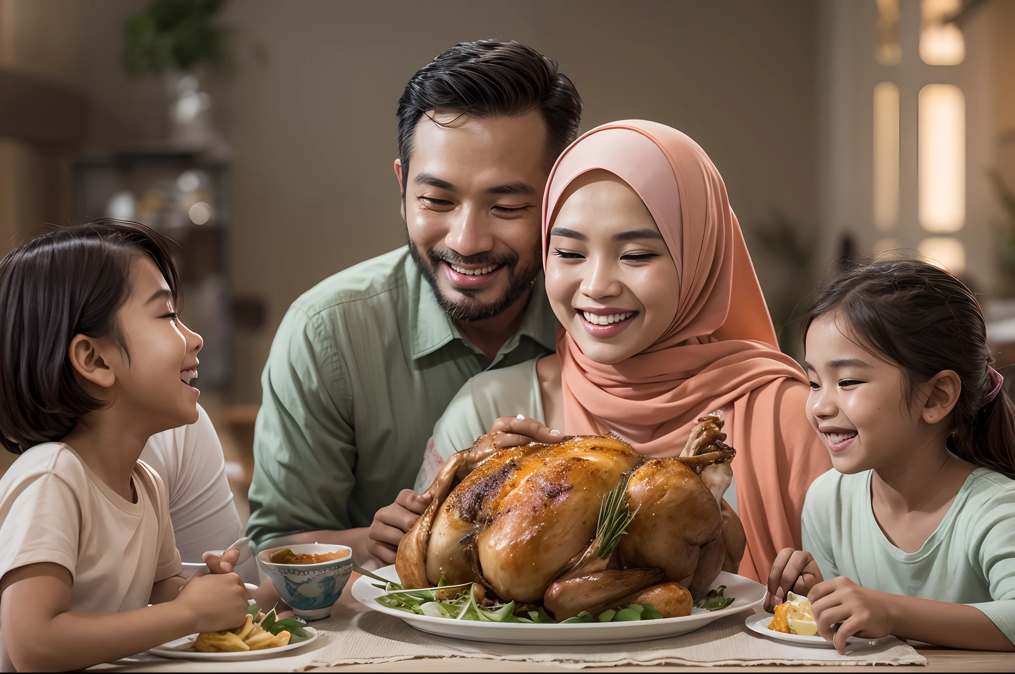 Generate a photorealistic scene of a joyful malay family seated around a well-laid dining table, featuring 1 matured malay father, 1 matured malay mother in hijab, 1 little daughter and 1 little son. They are all smiling and sharing a big delicious roasted chicken, with warm, natural lighting filling the room to create a bright and happy atmosphere, style raw, pastel color grading, Super 50mm lense, extreme close-up, bokeh, Deep Focus cinematography effect,high quality, hyper-realistic, 8k,