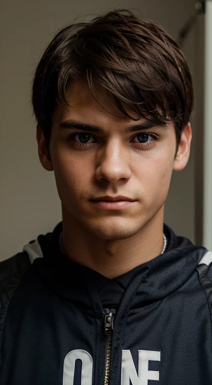 Create an image that shows a determined young man looking at the camera with eyes full of determination