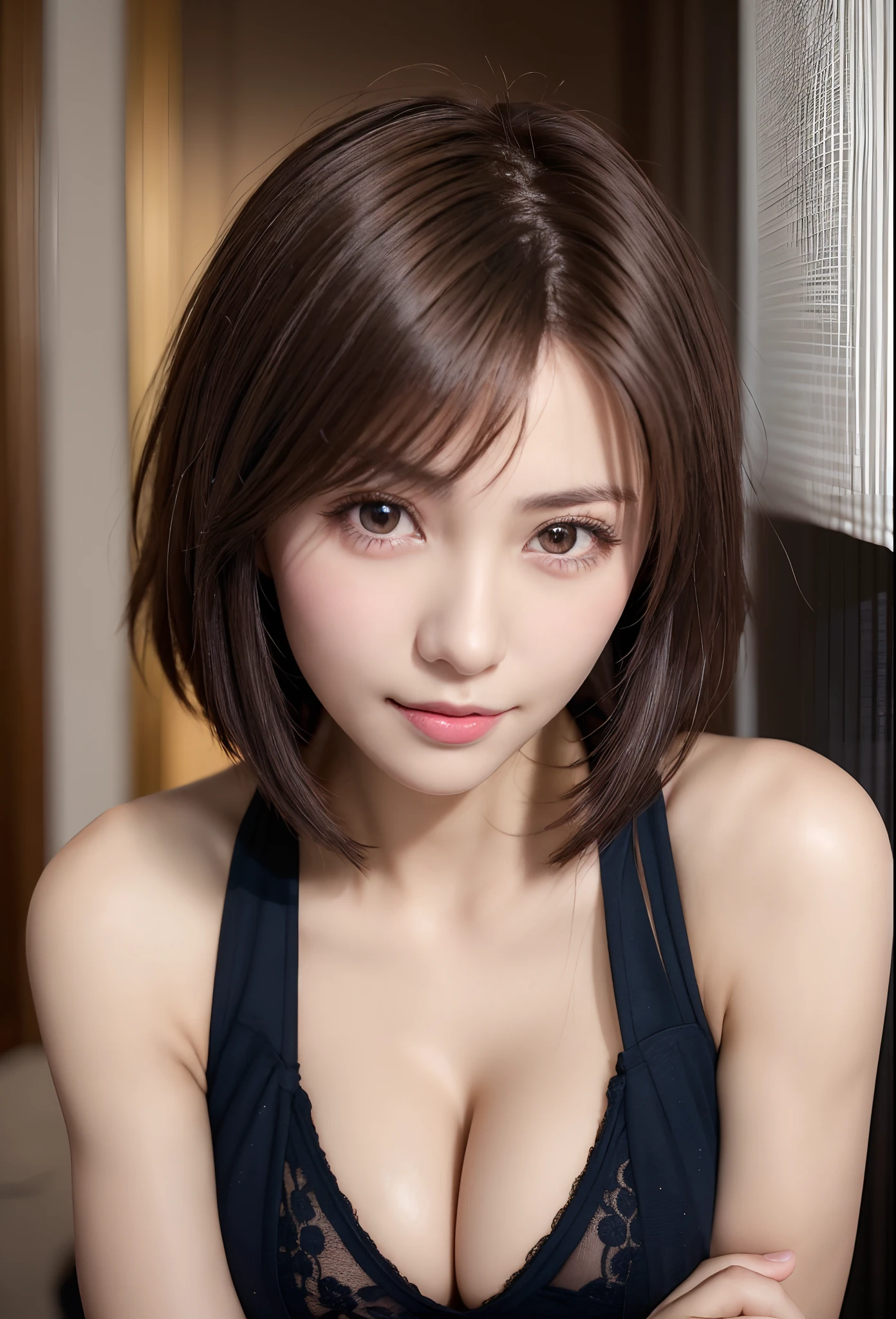 Night, Raw photography, (((Very beautiful portrait))), (Very beautiful portrait))), 1 girl, Sexy 25 year old girl, ((Short-cut natural brown hair)), [Brown eyes],Gentle smile staring at the camera(cleavage), ((masutepiece, Best Quality, Ultra Detail,...