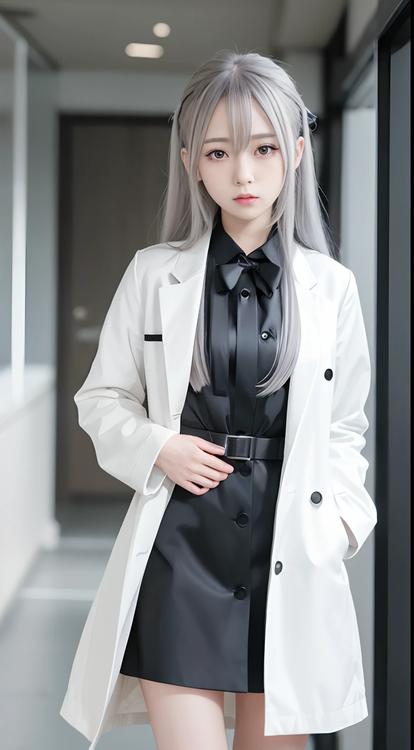 An anime girl with long hair and a white coat is standing in the hallway, girls frontline style, from girls frontline, from arknights, portrait anime space cadet girl, Cute anime girl, Anime visuals of cute girls, silver hair girl, an anime girl, Anime Mecha Aesthetics, anime aesthetic, Beautiful Anime Portrait, Portrait Anime Girl, pretty anime girl, Beautiful anime girl、