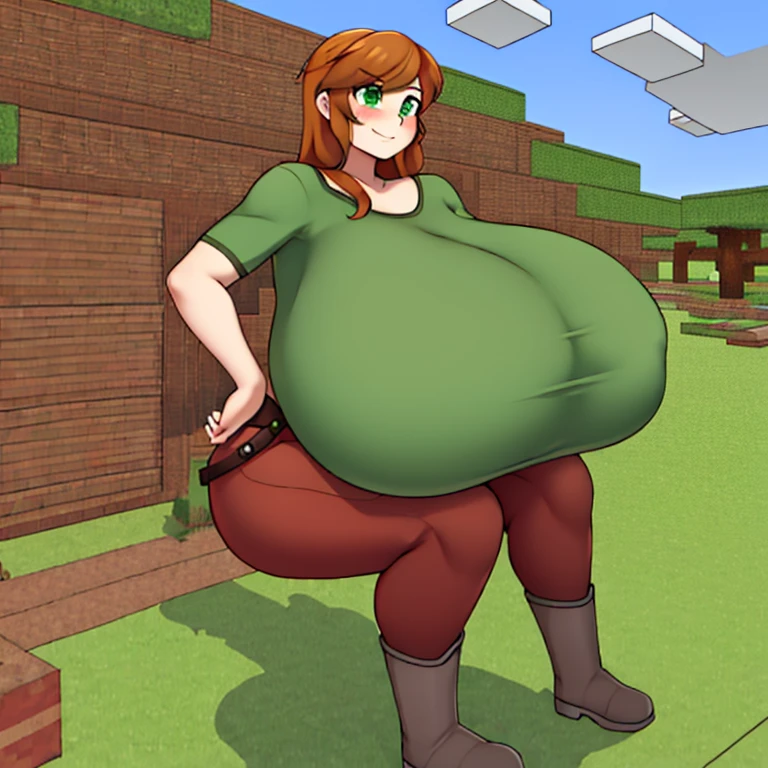 1girl, belt, blue_sky, blush, boots, breasts, brown_hair, cloud, day, facial_hair, green_eyes, hand_on_hilt, hand_on_hip,green shirt,brown pants, long_hair, orange_hair,realistic, ,shirt, sky, smile,alex,minecraft, shexyo, (gigantic breasts: 1.8), (hyper bottom heavy:1.5), (micro waist: 1.7)