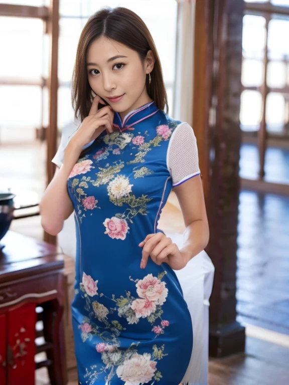 a close up of a woman in a blue dress posing for a picture, wearing a blue qipao dress, Cheongsam, in a blue qipao, Chinese dress, traditional chinese, Chinese style, traditional Chinese clothing, closeup - view, chinese costume, Chinese girl, Chinese Woman, close up half body shot, gorgeous woman, exquisite and smooth details