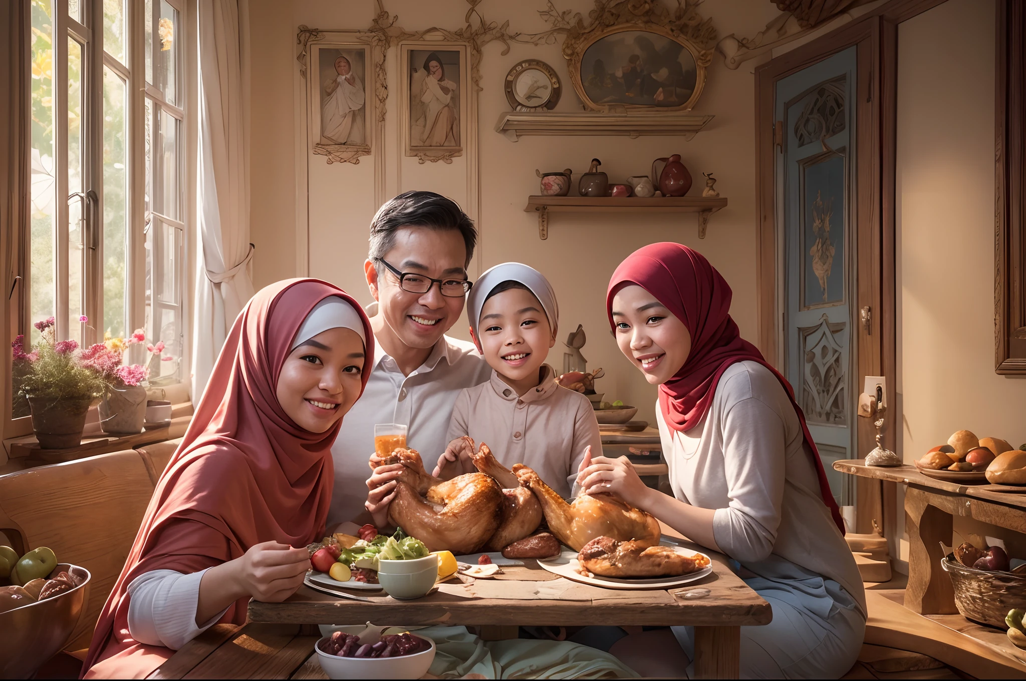 Generate a photorealistic scene of a joyful malay family seated around a well-laid dining table, featuring 1 matured malay father, 1 matured malay mother in hijab, 1 little daughter and 1 little son. They are all smiling and sharing a big delicious roasted chicken, with warm, natural lighting filling the room to create a bright and happy atmosphere, style raw, pastel color grading, Super 50mm lense, extreme close-up, bokeh, Deep Focus cinematography effect,high quality, hyper-realistic, 8k,