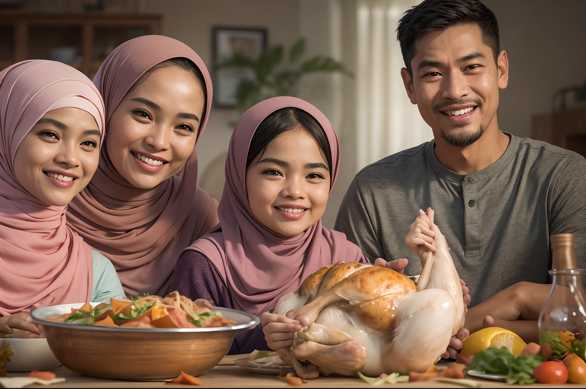 Generate a photorealistic scene of a joyful malay family seated around a well-laid dining table, featuring 1 matured malay father, 1 matured malay mother in hijab, 1 little daughter and 1 little son. They are all smiling and sharing a big delicious roasted chicken, with warm, natural lighting filling the room to create a bright and happy atmosphere, style raw, pastel color grading, Super 50mm lense, extreme close-up, bokeh, Deep Focus cinematography effect,high quality, hyper-realistic, 8k,