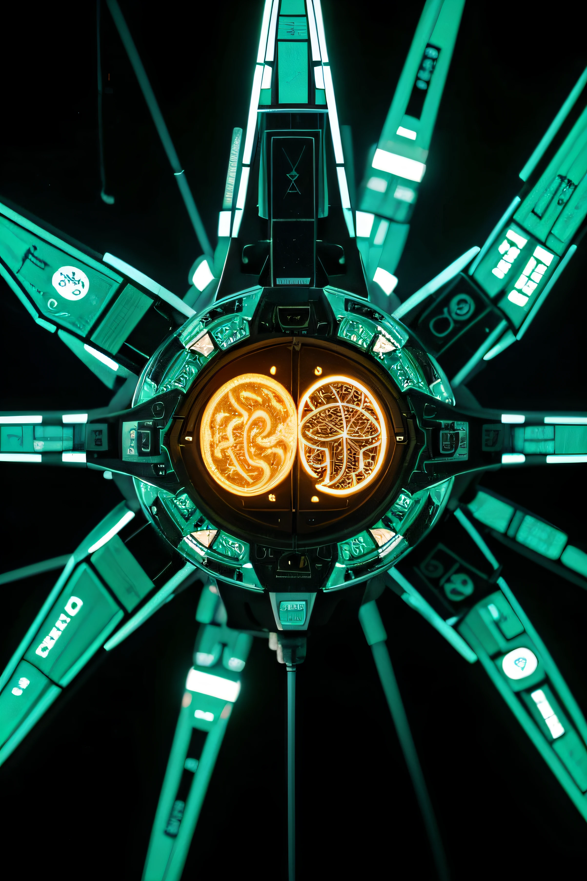 A human brain consisting of a circuit board and a pattern that represents AI word processing, estilo sci-fi,fundo branco,utilizando estruturas opacas, Translucent and transparent;, limpar camadas entre estruturas,volumetric light, Detalhes ricos, organic connection of components, cores verdes ricas,(graphic illustration, geometrical forms, Close-ups)
