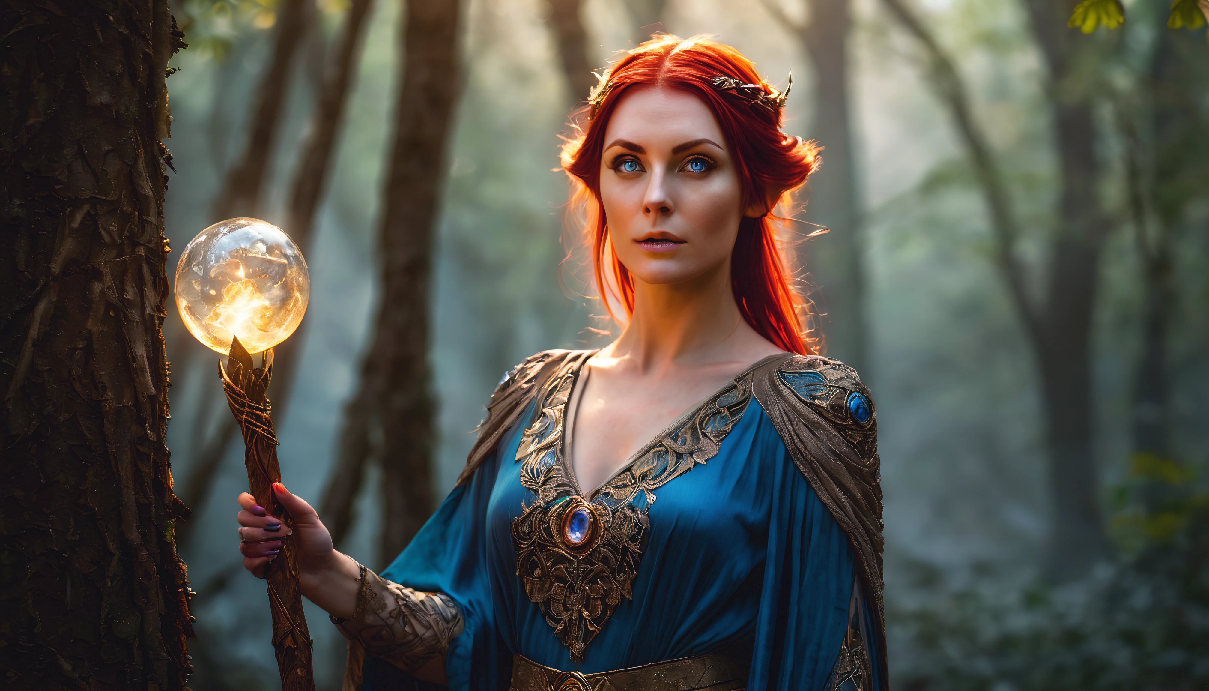 Triss Merigold does fire magic with her hands and you can see the fire clearly, best quality,highres,ultra-detailed,(realistic:1.37),beautiful detailed eyes,beautiful detailed lips,extremely detailed eyes and face,longeyelashes,(HDR:1.1),(vivid colors:1.1),(sharp focus:1.1),(physically-based rendering:1.1),portrait,sorceress,red hair,distinctive white streak,intricate gold jewelry,elven heritage,blue eyes,confident expression,fierce,standing in a magical forest,against a backdrop of ancient trees and mist,holding a wooden staff with glowing crystal orb on top,wearing a flowing dress made of shimmering fabric,soft sunlight filtering through the leaves,casting a warm and ethereal glow on her,eerie blue and purple hues surrounding her,illuminating her with a mystical aura.