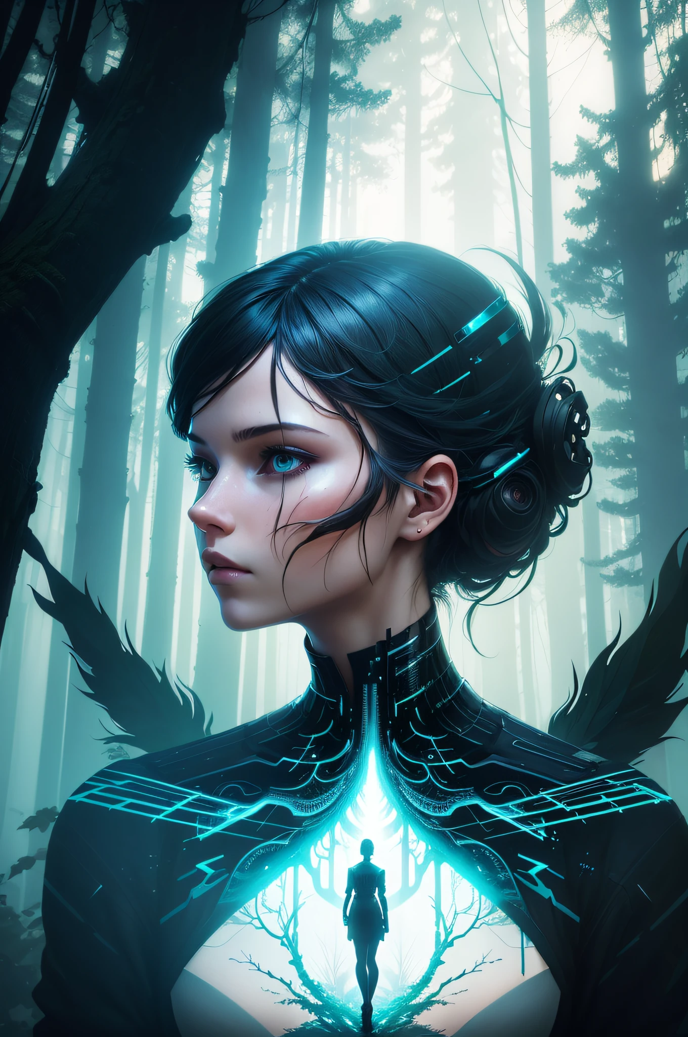 Step into a world where nature and human form are seamlessly intertwined in a mesmerizing digital artwork. This double exposure illustration features a cyberpunk woman's silhouette and a forest, rendered in the unique and captivating styles of Dan Mountford, Andreas Lie, and Brandon Kidwell. The soft neon palette and double exposure effect add a touch of surrealism to this visually descriptive piece