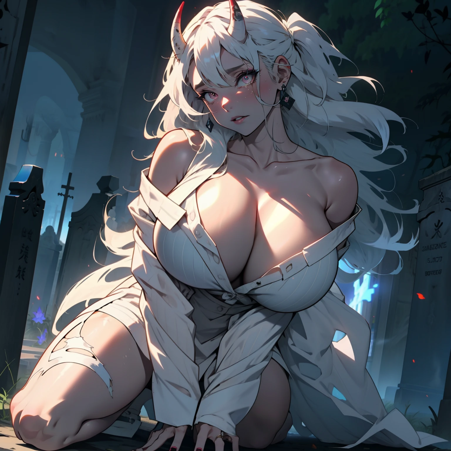 1girl,solo,huge breasts, ghost costume , (hitodama) ,night, tombstone, graveyard,,, long sleeves, very long sleeves, , ghost, ultra pale skin,, off shoulder, cleavage, no bra, extremely long white hair, lying on geound in graveyard, bare legs, tattered clothes, curvy wide hips, massive breasts, chubby thighs, beautiful pink eyes, top down. Looking down, crying, mascara, with white Oni horns, massive breasts, giant tits (full body), (long beautiful legs)