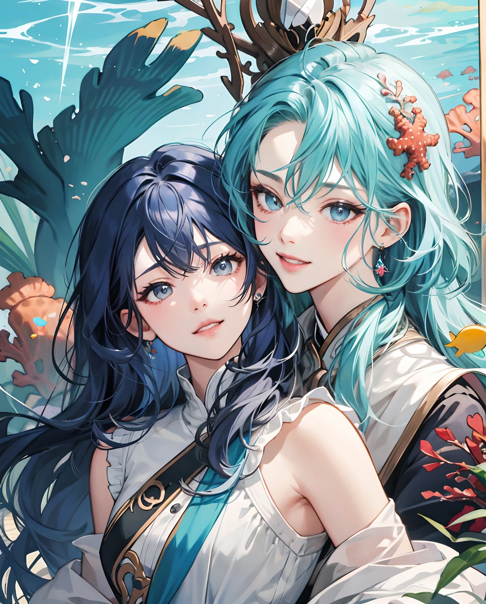 masterpiece、top-quality、超A high resolution、2D Beautiful Girl、animesque、teens girl、Blue hair、Fluffy hair、Coral Reef Hair Ornament、Beautiful gray eyes、The clothes are also depicted in detail、Eyes are depicted in detail、The face is depicted in detail、sorcerer、soio、Gentle smile、hair adornments、animesque、illustratio