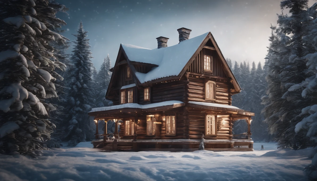 Wooden house, in the snowy landscape, enchanted winter forest with snow, photorealistic, hyperrealistic, detailed, wide vision, cinematic realism