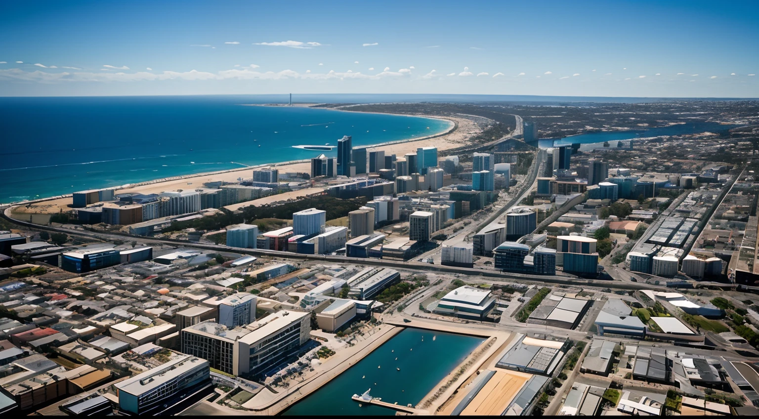 a hyper realistic photography of an aerial view of Fremantle in Perth, Western Australia, no people, Nikon D850 DSLR 4k camera, 100mm lens, F 1.2 aperture setting, bright and natural lighting, vibrant, fun and relaxing atmosphere