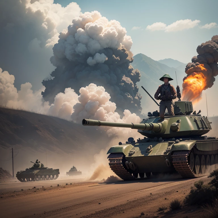 "Ground view with dramatic lighting, an expansive open field, a powerful grenade explosion propelling dirt into the air, and blurred soldiers and a tank in the background."