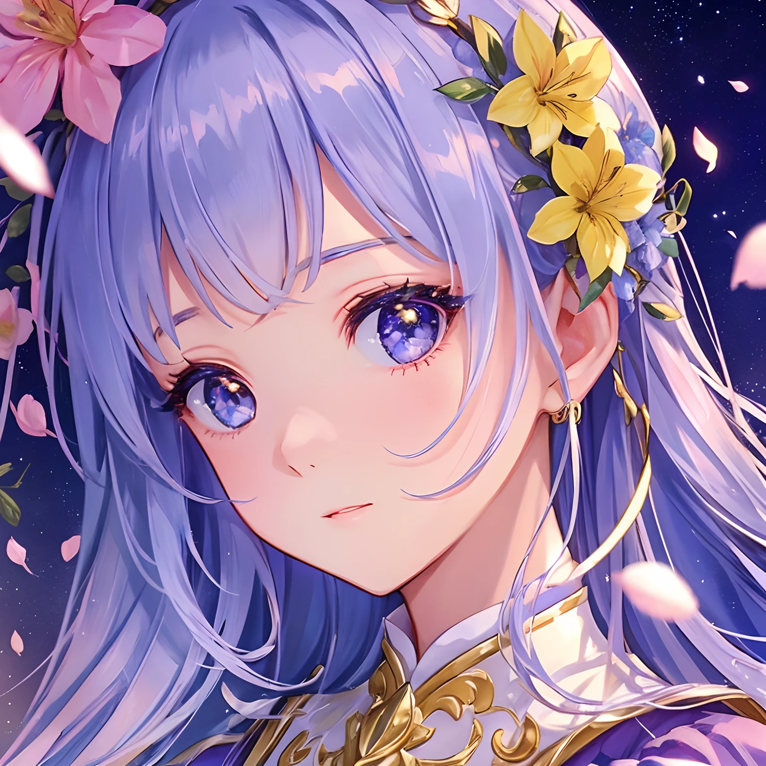 Lifelike face、Write、profile、Sparkling eyes、Beautuful Women、逼真、(masterpiece、top-quality、top-quality、Beautifully Aesthetic:1.2)、Highly detailed frames、colourfull、The most detailed、(1girl in:1.3)、Bright eye、A Princess、delicate accessories、florals、gold trim、Beautiful detailed starry sky、Delicate Positive and High Glass Guardrail Board、flower petals