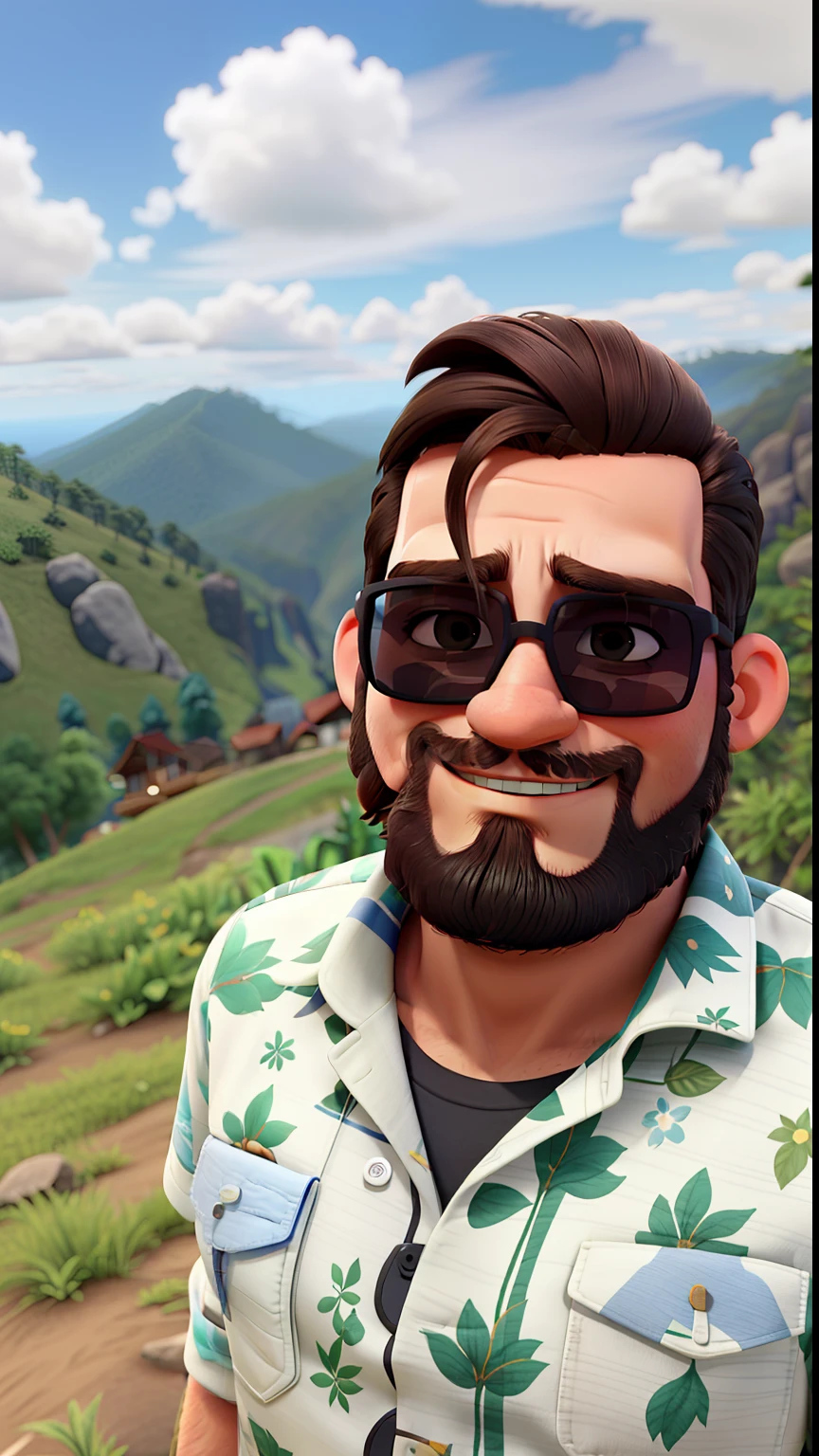 Homem de cabelo crespo e cacheado,  sunglasses, camisa floral, em um lugar montanhoso