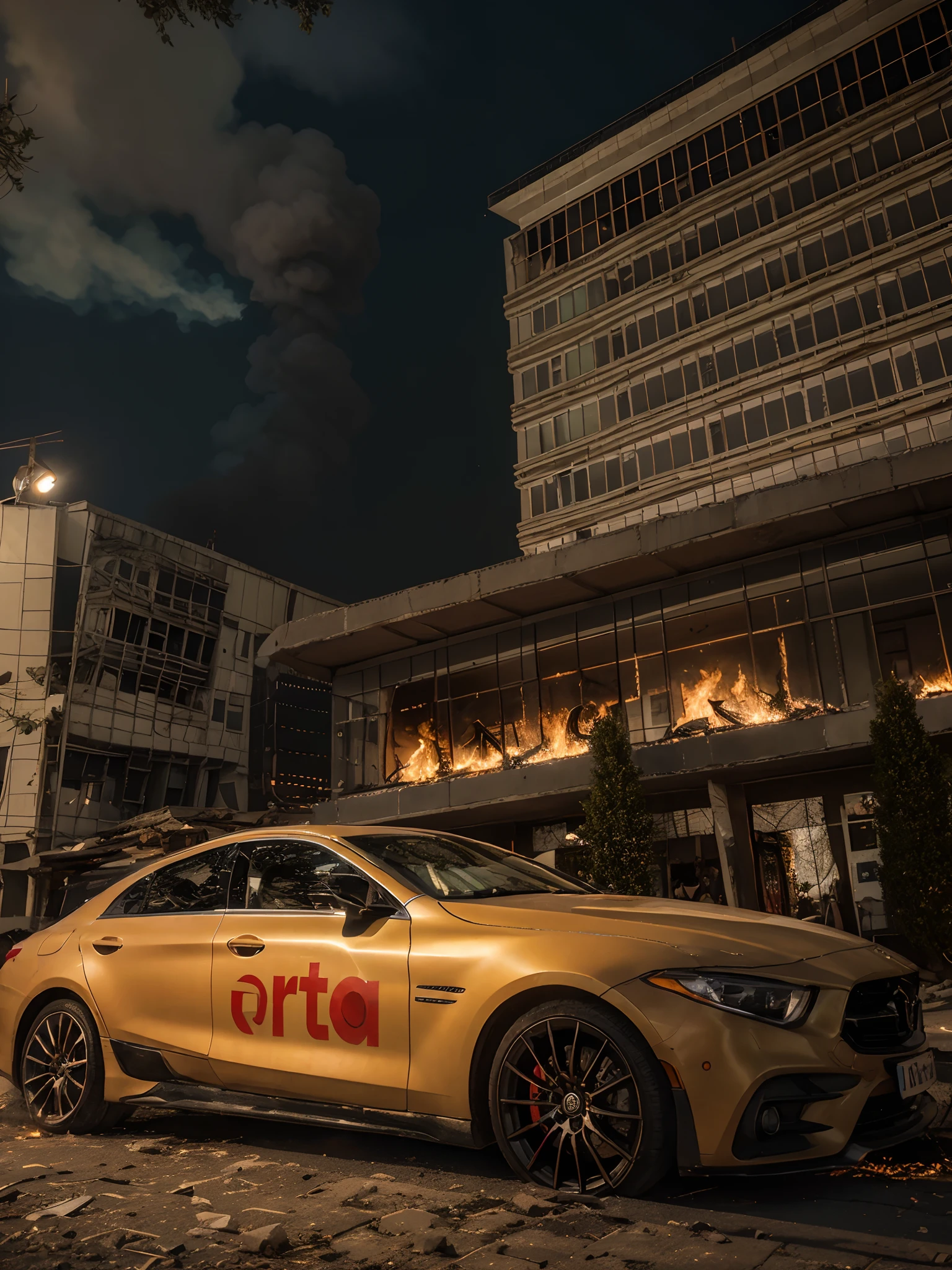 Card headlights on, lights on the walls,fire in the background,real picture 4k, Pakistani flag on car,use light colours,trees looks real, sunshine on the car,black sky,