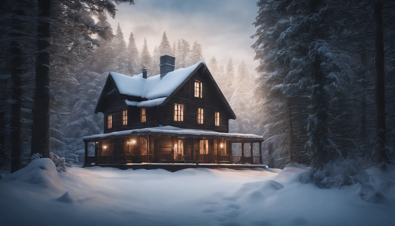 Wooden house, in the snowy landscape, enchanted winter forest with snow, photorealistic, hyperrealistic, detailed, wide vision, cinematic realism