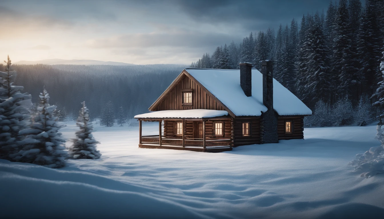 Wooden house, in the snowy landscape, enchanted winter forest with snow, photorealistic, hyperrealistic, detailed, wide vision, cinematic realism