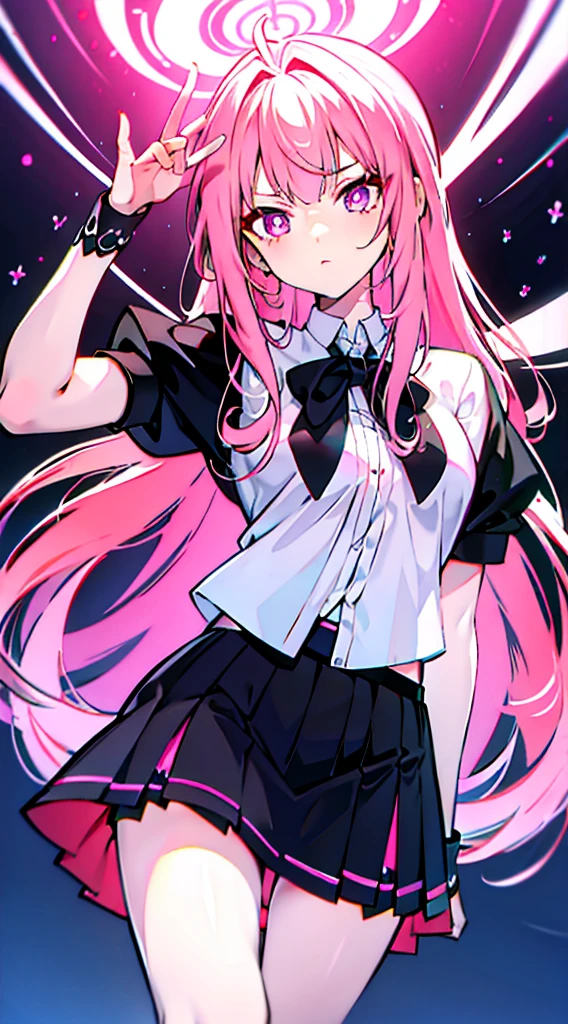 Pink Long Hair,Wearing a JK skirt,Black pupils,Big high school girl,photorealestic,Cute pose,The viewing angle is straight ahead,