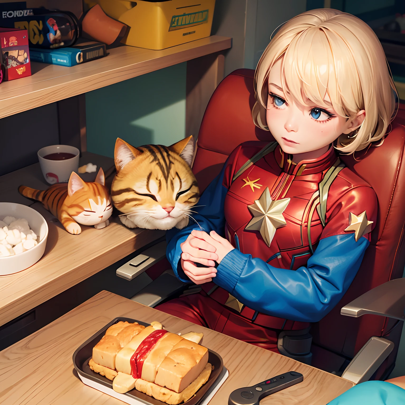 Deformed cartoon style, bobblehead doll, Captain Marvel movie, Goose the cat asleep.