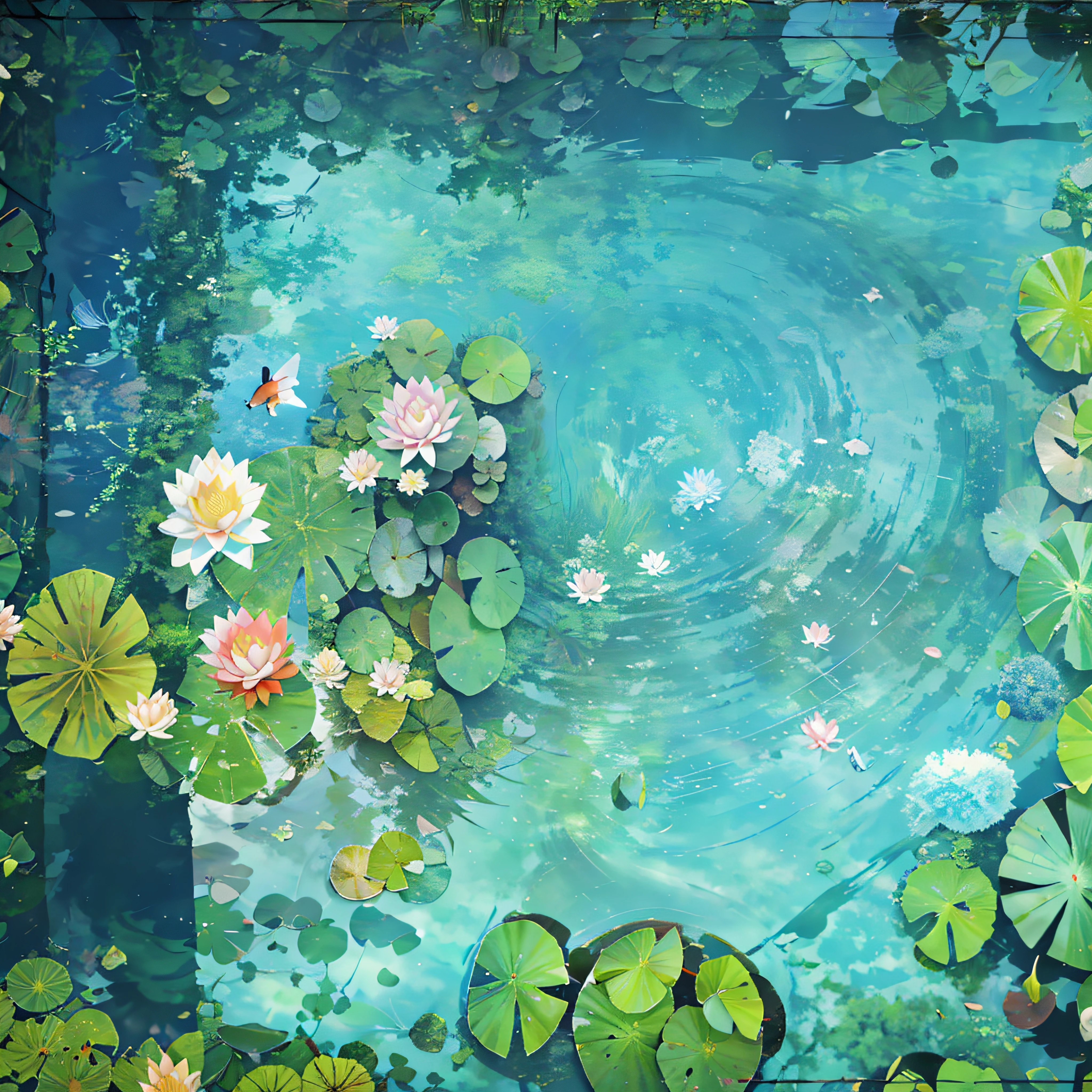 There is a picture of the pond，There are lilies and fish in it, Lotus pond, photoshop water art, water art photoshop, reflective water koi pond, Koi pond, Small pond, pond, floathing underwater in a lake, waterlily pond, lotus flowers on the water, alpine pond with water lilies, author：Julian, water landscape, wallpaper - 1 0 2 4