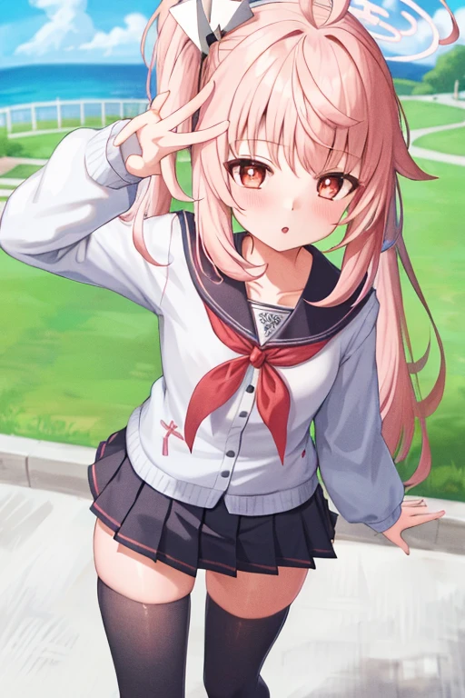 1girl, natsu,pink hair, halo, ahoge,side ponytail, long hair,ahoge,hair ornament,
long hair,long sleeves,sailor collar,school uniform,serafuku,skirt,thighhighs,black thighhighs,red neckerchief,
(dynamic pose,:1.3),from above,