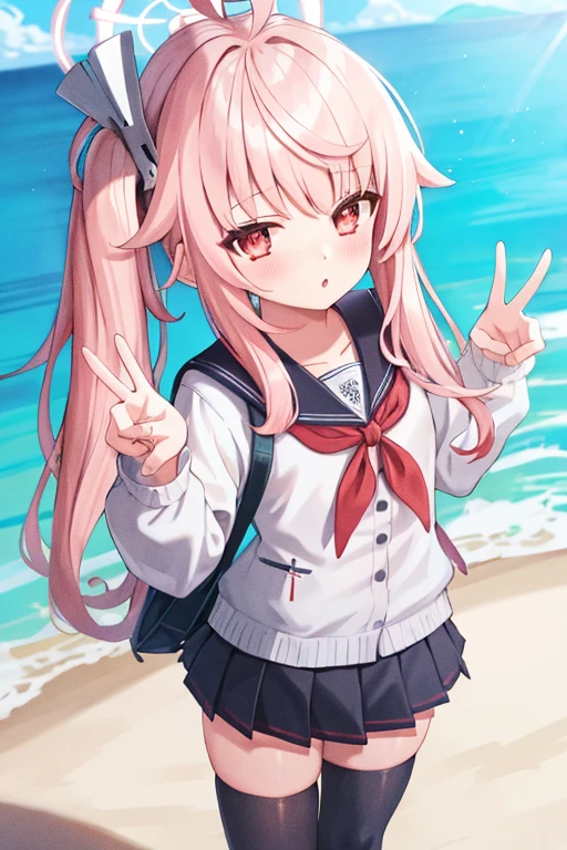 1girl, natsu,pink hair, halo, ahoge,side ponytail, long hair,ahoge,hair ornament,
long hair,long sleeves,sailor collar,school uniform,serafuku,skirt,thighhighs,black thighhighs,red neckerchief,
(dynamic pose,:1.3),from above,