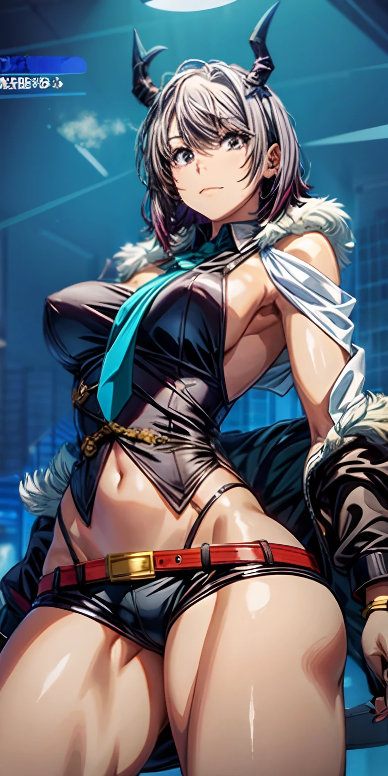 yukinoshita haruno, short hair, black hair, shorts, necktie, breasts, 1girl, horns, gloves, thighs, short_shorts, jacket, blue_hair, shirt, bare_shoulders, white_shirt, sleeveless, yellow_neckwear, navel, black_gloves, red_eyes, bangs, blue_jacket, sleeveless_shirt, looking_at_viewer, dragon_horns, large_breasts, highleg, black_shorts, long_hair, neckwear, "Photorealistic, Hyperrealistic, Hyperdetailed, analog style, soft lighting, subsurface scattering, realistic, heavy shadow, masterpiece, best quality, ultra realistic, 8k, golden ratio, Intricate, High Detail, film photography, soft focus", sweating, steaming body, fog,  (anime coloring, anime screencap:1.5)