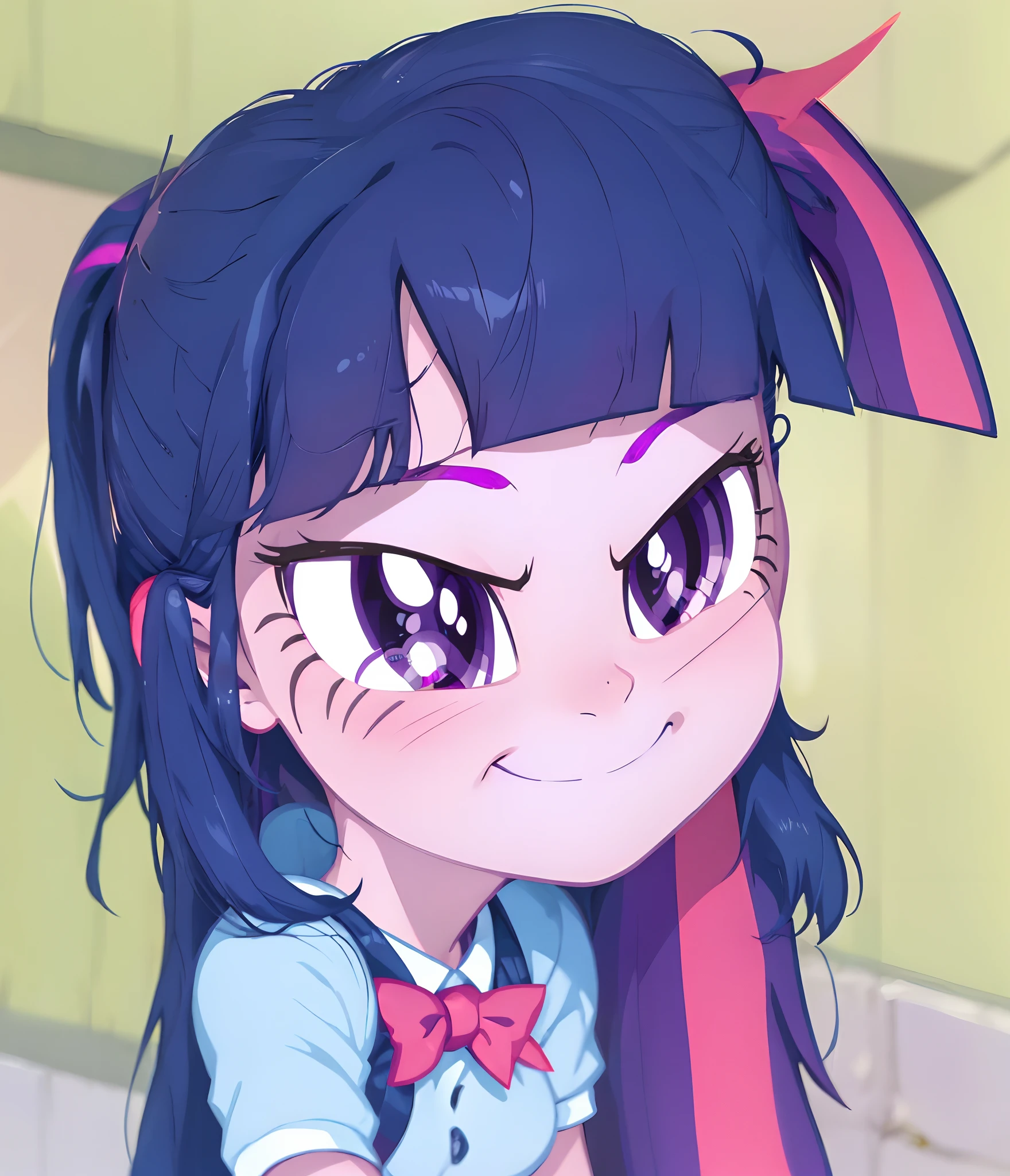 a close up of a cartoon girl with a pinkie on her face, cool twilight, twilight sparkle, giddy smirk, confident smirk, dark cool twilight, nefarious smirk, roguish smirk, proud smirk, twilight ray, slightly smirking, her hair is in a pony tail, mean smirk, joyful smirk