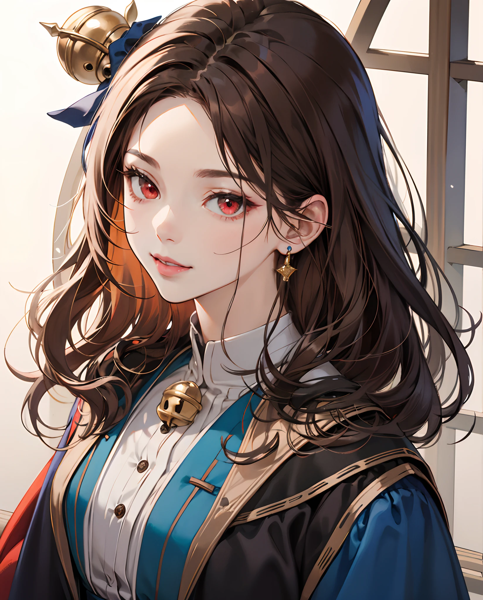 masterpiece、top-quality、超A high resolution、2D Beautiful Girl、animesque、teens girl、brown haired、Fluffy hair、Bell hair ornament、Beautiful red eyes、The clothes are also depicted in detail、Eyes are depicted in detail、The face is depicted in detail、sorcerer、soio、Gentle smile、hair adornments、animesque、illustratio