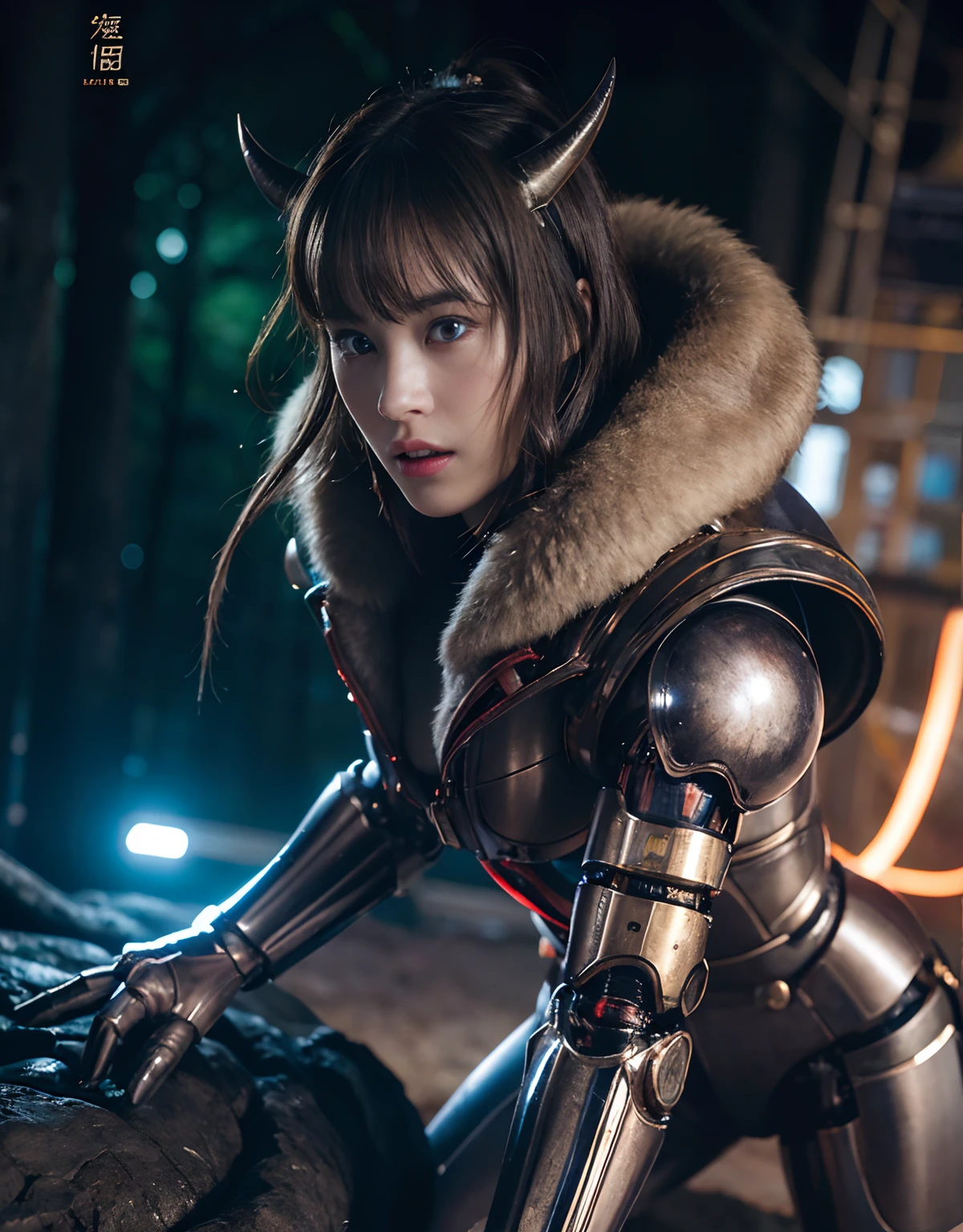 (1 Mechanical Girl)、top-quality、masterpiece、超A high resolution、(Photorealsitic:1.4)、Raw photo、女の子1人、Fight mutants、glowy skin、(((1 Mechanical Girl)))、With a beautiful knife、(Red Metal Bodysuit)、(Fight goblings、ogre、Fierce battle with orcs),(Fight fiercely against aliens)、Fight fiercely、(beautiful forest background)、(Fighting Demonic Beasts)、(Small LED)、((super realistic details))、portlate、(Strong giant demon beast background),globalillumination、Shadow、octan render、8K、ultrasharp、Colossal tits、Raw skin is exposed in cleavage、metals、Details of complex ornaments、Japan details、highly intricate detail、Realistic light、(Mystical expression),CGSoation Trends、Blue eyes、radiant eyes、Facing the camera、neon details、(Mechanical limbs)、(blood vessels connected to tubes)、(Wires and cables connecting to the head)、Small LED、,Mechanical thighs、Toostock、(Hands are also made of machines)、(Attack of the Monster Beasts)、