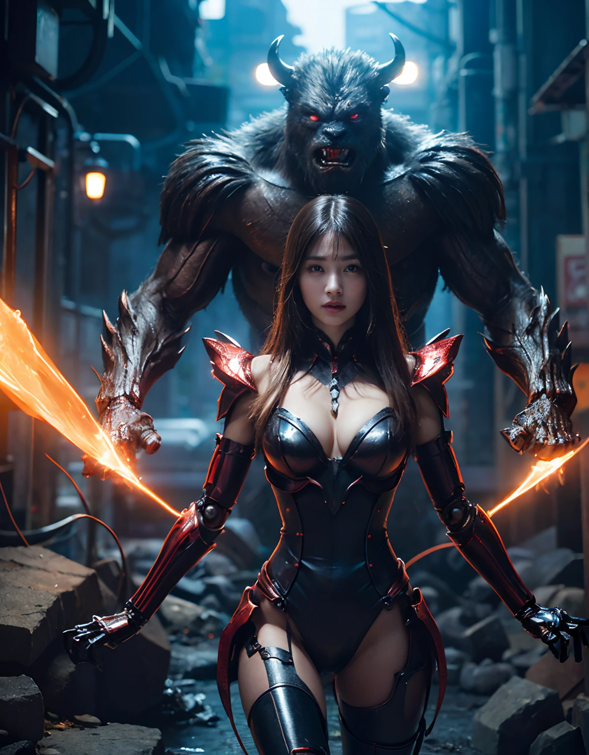 (1 Mechanical Girl)、top-quality、masterpiece、超A high resolution、(Photorealsitic:1.4)、Raw photo、女の子1人、Fight mutants、glowy skin、(((1 Mechanical Girl)))、With a beautiful knife、(Red Metal Bodysuit)、(Fight goblings、ogre、Fierce battle with orcs),(Fight fiercely against aliens)、Fight fiercely、(beautiful forest background)、(Fighting Demonic Beasts)、(Small LED)、((super realistic details))、portlate、(Strong giant demon beast background),globalillumination、Shadow、octan render、8K、ultrasharp、Colossal tits、Raw skin is exposed in cleavage、metals、Details of complex ornaments、Japan details、highly intricate detail、Realistic light、(Mystical expression),CGSoation Trends、Blue eyes、radiant eyes、Facing the camera、neon details、(Mechanical limbs)、(blood vessels connected to tubes)、(Wires and cables connecting to the head)、Small LED、,Mechanical thighs、Toostock、(Hands are also made of machines)、(Attack of the Monster Beasts)、