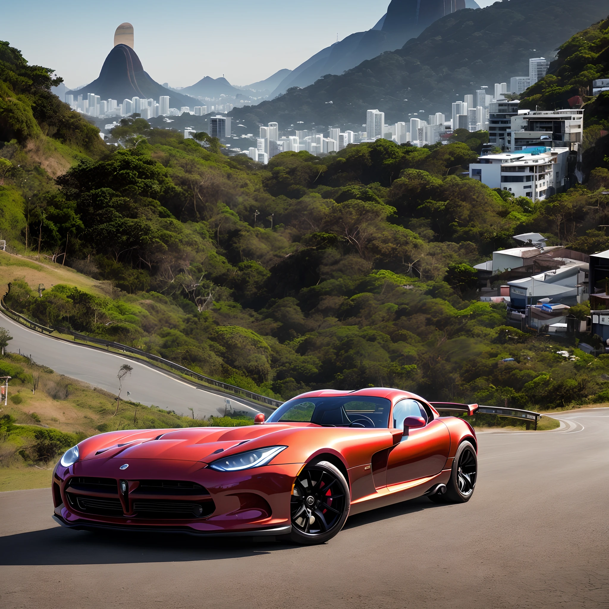 (La mejor calidad, 8k, Obra maestra :1.2), hiperrealista, a Viper car on a mountain in the city of Rio de Janeiro, Brazil