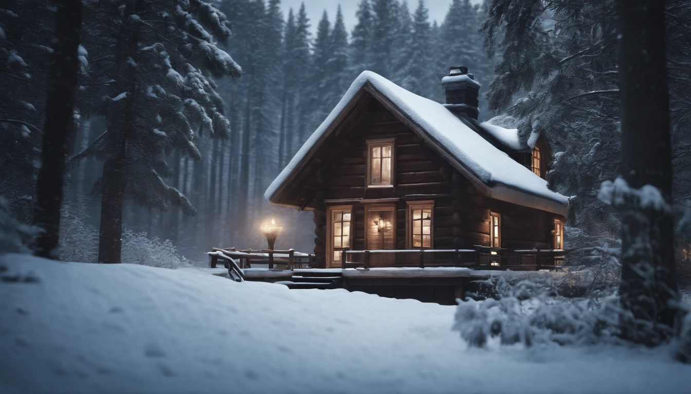 Wooden house, in the snowy landscape, enchanted inside winter forest with snow, photorealistic, hyperrealistic, detailed, wide vision, cinematic realism