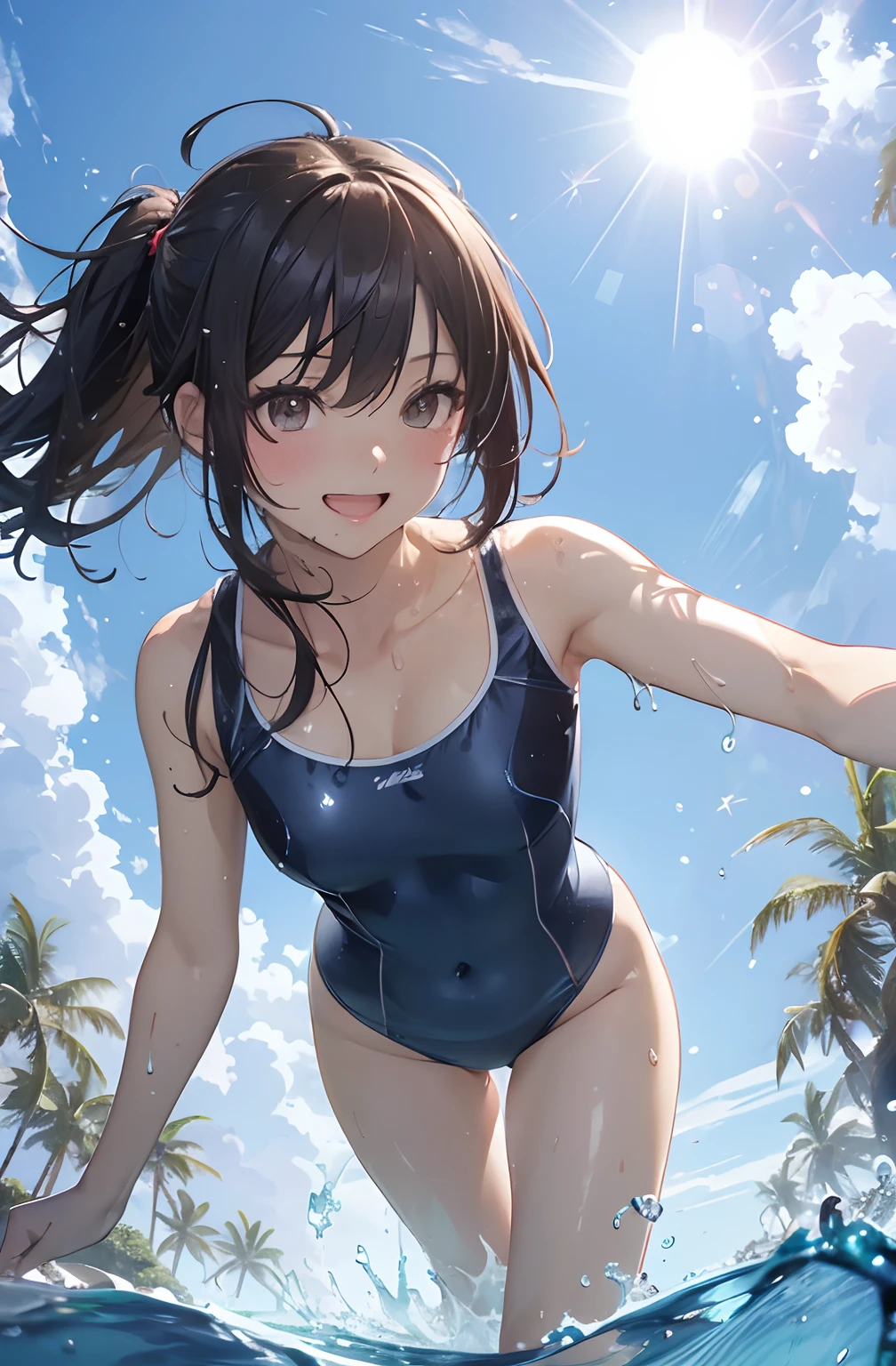 (masutepiece:1.2), (Best Quality:1.2), hyper detailed illustration，beautiful artwork，(Extreme Detail CG Unity 8K wallpaper、​masterpiece、top-quality)、(exquisite lighting and shadow、highly dramatic picture、cinematic lens effects)、 Waves in a blue swimsuit, 1girl in, Swimsuit, Solo, Palm Tree, Smile, Outdoors, Sun, tree, Water, Open mouth, onepiece swimsuit, School Swimsuit, skyporn, playing in the water, Looking at Viewer, Brown eyes, Blue sky, day, :D, 鎖骨, cloud, Covered navel，(masutepiece:1.2), (Best Quality:1.2), hyper detailed illustration，beautiful artwork，(Extreme Detail CG Unity 8K wallpaper、​masterpiece、top-quality)、(exquisite lighting and shadow、highly dramatic picture、cinematic lens effects)、Young teenager girl on the beach，swim wears, 1girl in, (School swim wear:1.3), Solo, onepiece swimsuit, Outdoors, (Short hair), Wet, breasts, Covered navel, skyporn, Water, Black hair, Big smile, Brown eyes, day, blush, Small breasts, Bangs, Sunlight, Blue one-piece swimsuit，(Wet:1.2)，(Water splash:1.1)，Open mouth，(straggling hair:1.2)， Dramatic Horizon，(sunlight shining)，(The swimsuit is wet:1.1)，(Strong sunshine:1.1)，(Lens Flare:1.2)，arched body， information，(Fighting stance:1.2)，(Sweat:1.2)，(light Particle:1.2)，(light glow:1.2)，(Bokeh:1.2)，(A big smile)，(On the beach)，