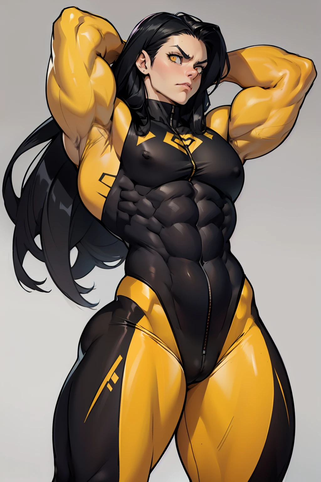 ((grey background)) pale skin black hair yellow eyes (very long hair) angry ((1 girl muscular toned body bodybuilder curvy wide hips thick thighs)) (solo) standing (arms over head) (skinsuit)