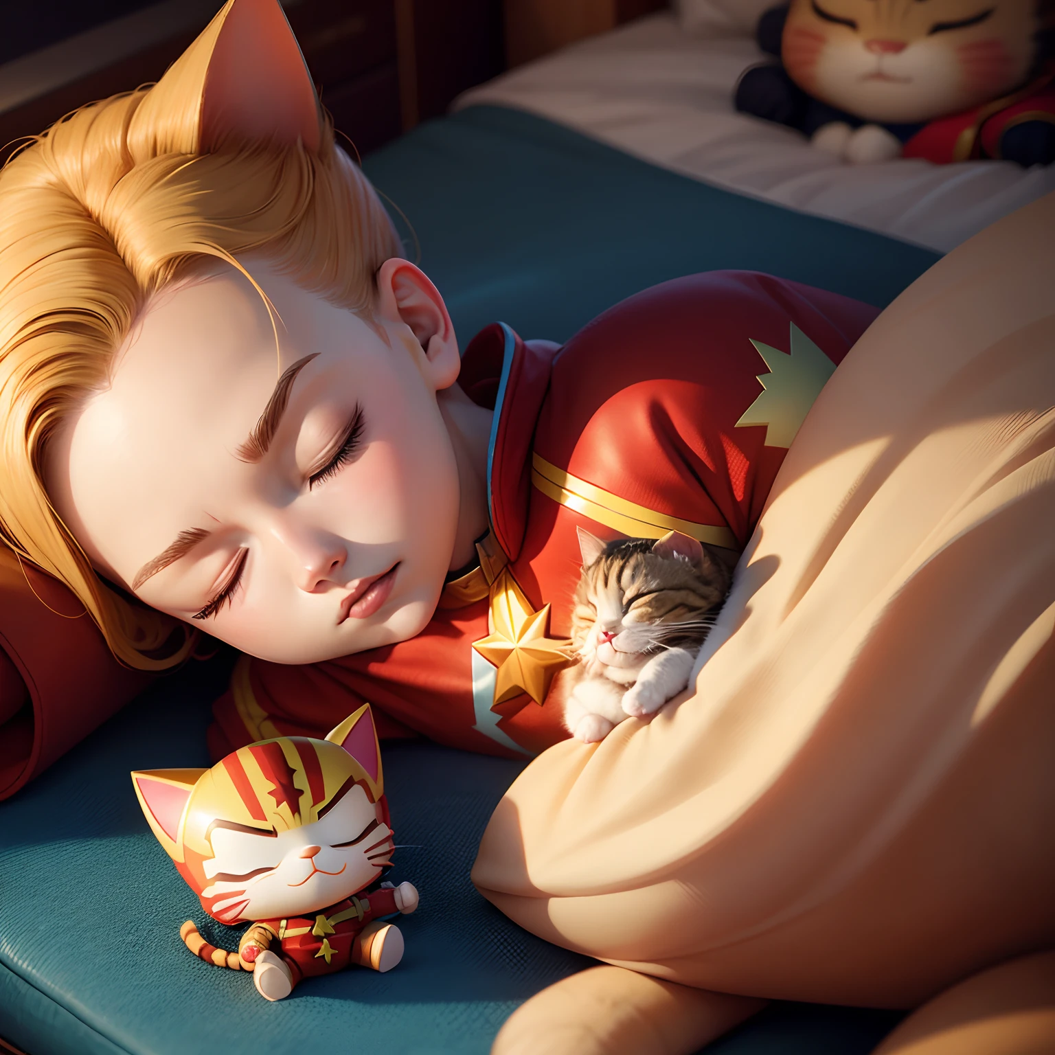 deformed cartoon style, bobblehead doll, Captain Marvel movie, cat Goose sleeping on his stomach