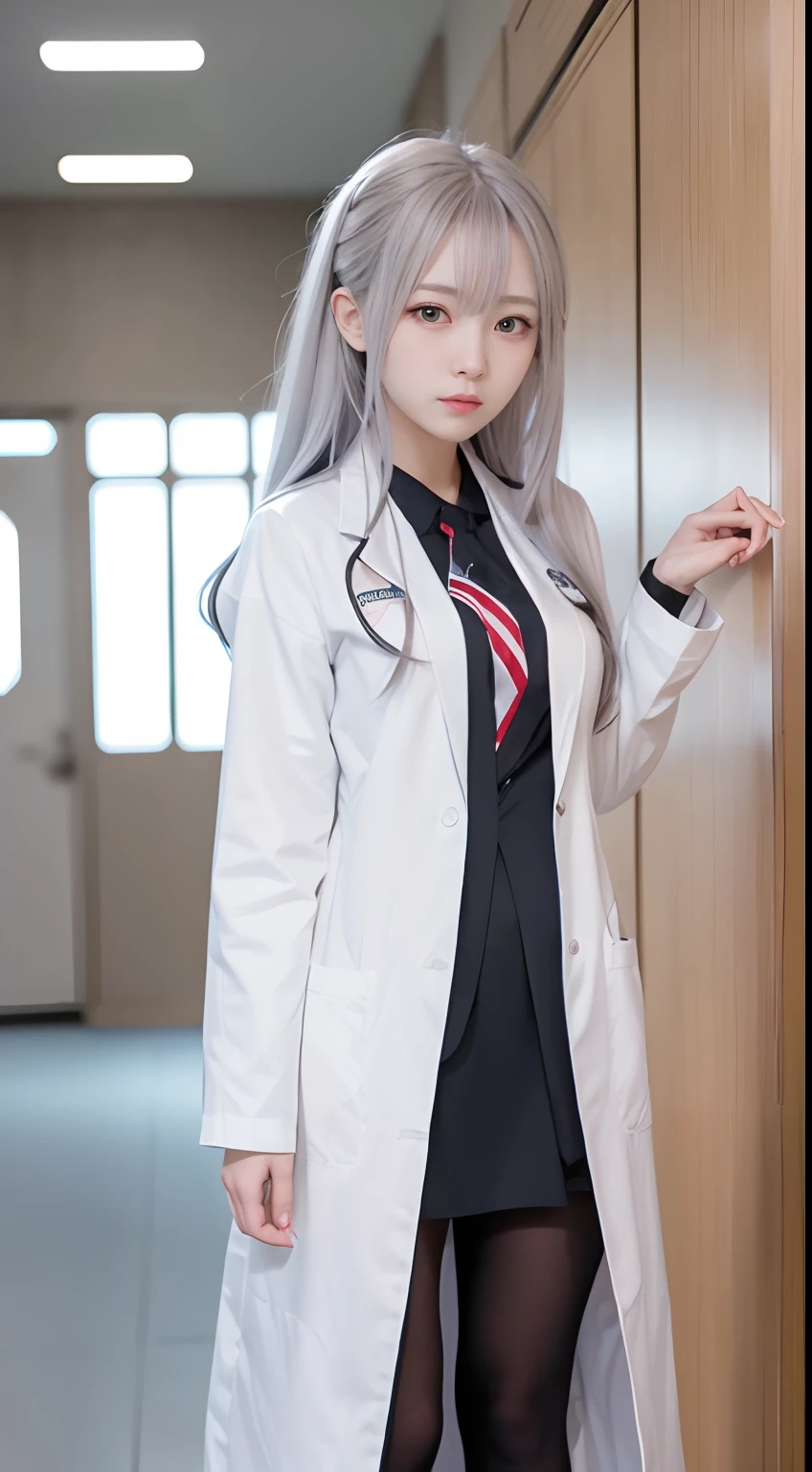 An anime girl with long hair and a lab coat is standing in the hallway, girls frontline style, from girls frontline, from arknights, portrait anime space cadet girl, Cute anime girl, Anime visuals of cute girls, silver hair girl, an anime girl, Anime Mecha Aesthetics, anime aesthetic, Beautiful Anime Portrait, Portrait Anime Girl, pretty anime girl, Beautiful anime girl、